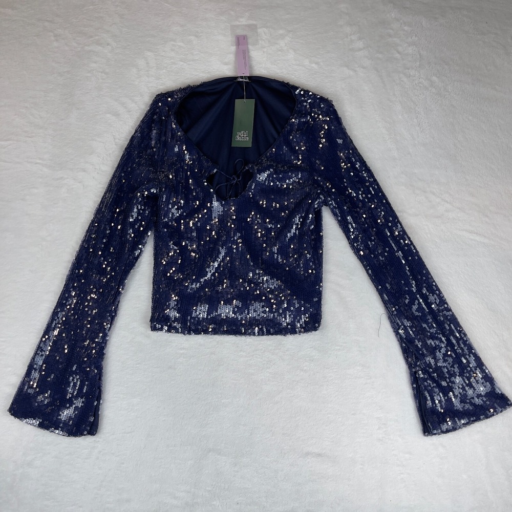 Wild Fable Holiday Top Womens S Navy Blue Shiny Sequin Long Bell Sleeve Tie Neck